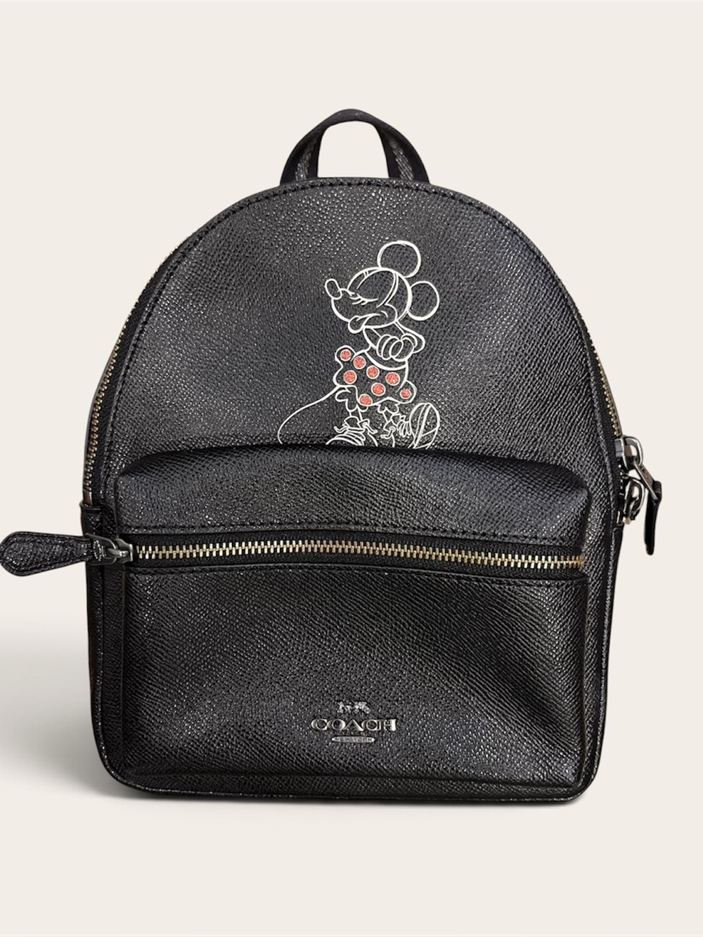 Coach x Disney Black Leather Minnie Mouse Outline Mini Backpack with Red Accent